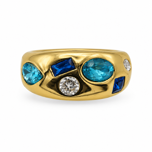 Bague dôme réglable bleu doré, vue de face