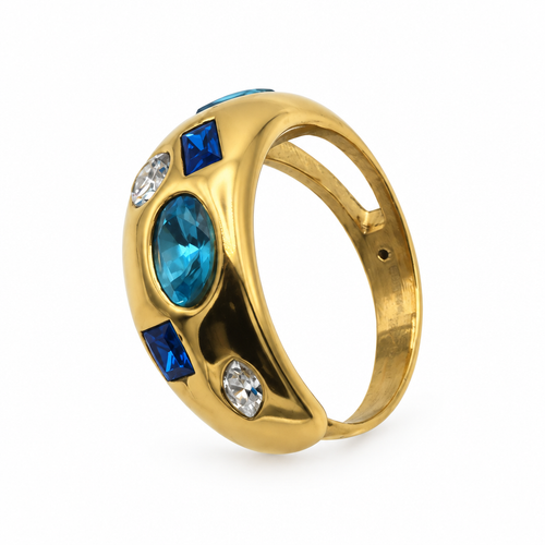 Bague dôme réglable bleu doré, vue de côté
