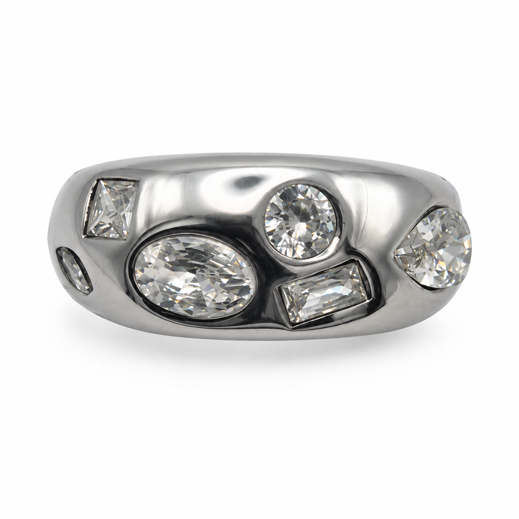 Bague dôme réglable cristal argenté, vue de face