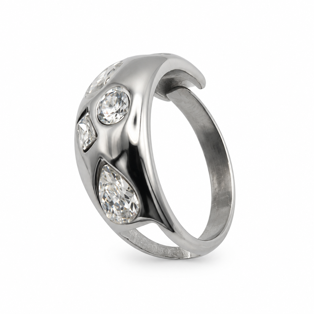 Bague dôme réglable cristal argenté, vue de côté