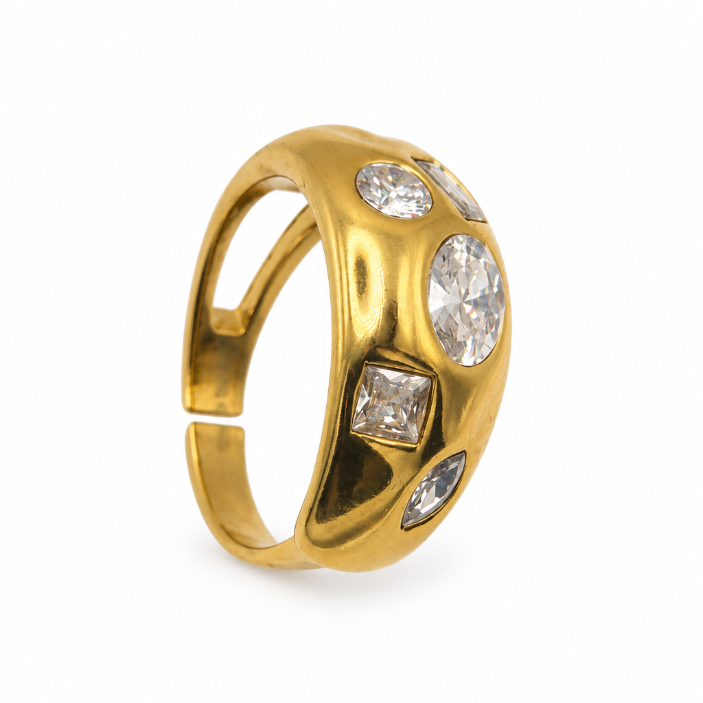 Bague dôme réglable cristal doré, vue de côté