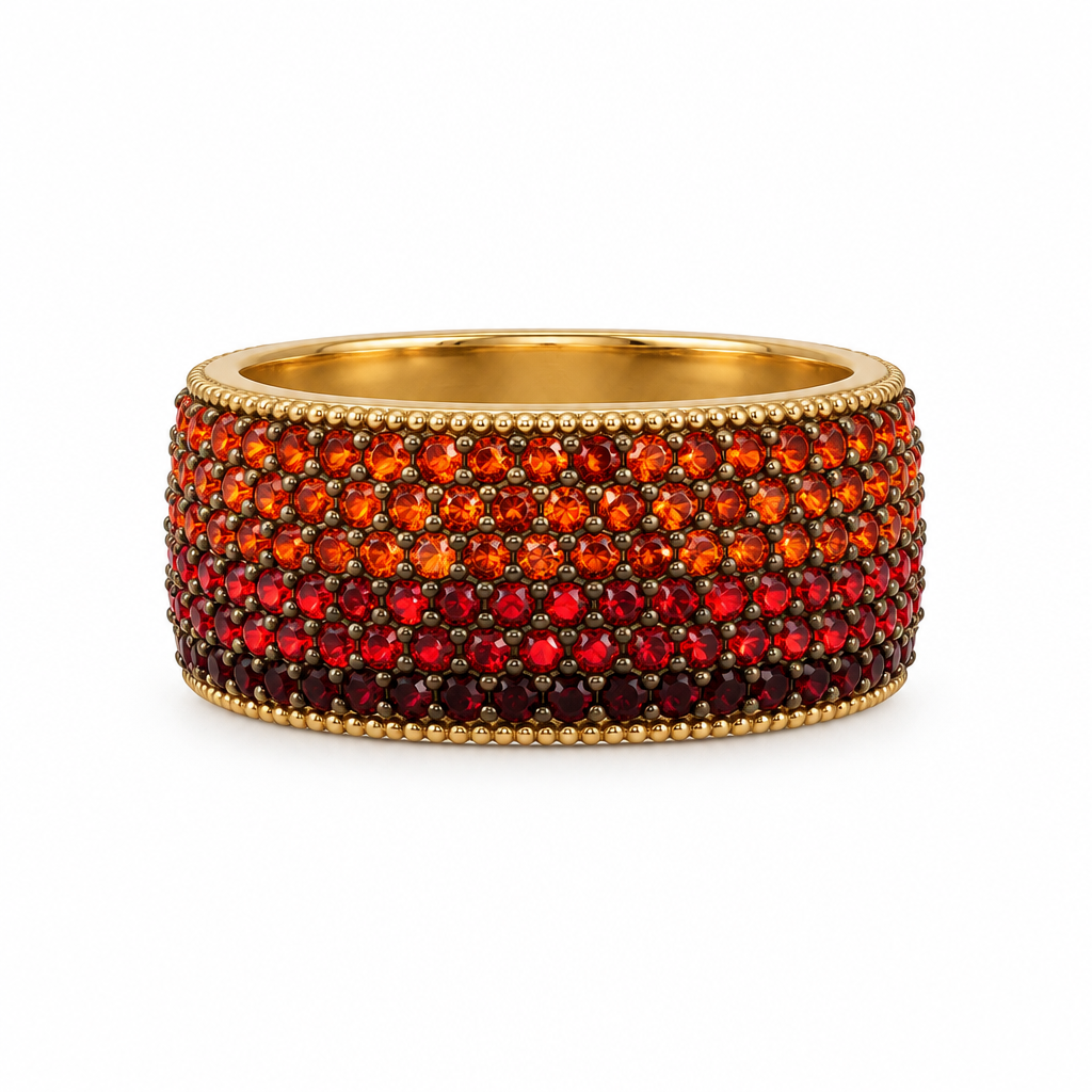 Bague jonc pavée réglable rouge orangé, vue de face