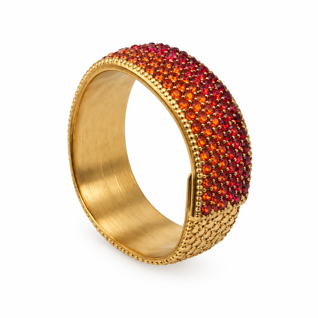 Bague jonc pavée réglable rouge orangé, vue de côté