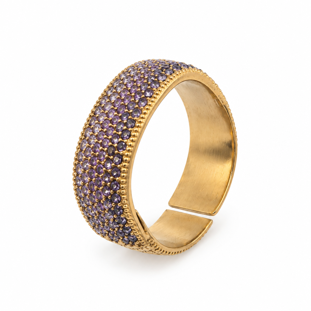 Bague jonc pavée réglable violet, vue de côté