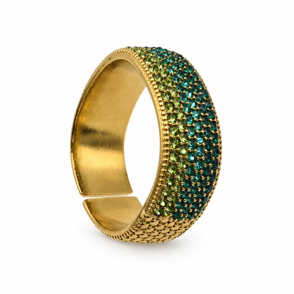 Bague jonc pavée réglable vert, vue de côté