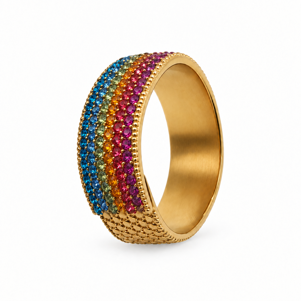 Bague jonc pavée réglable arc-en-ciel, vue de côté
