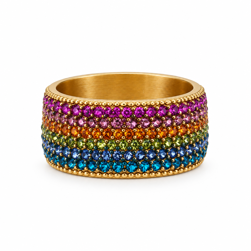 Bague jonc pavée réglable arc-en-ciel, vue de face