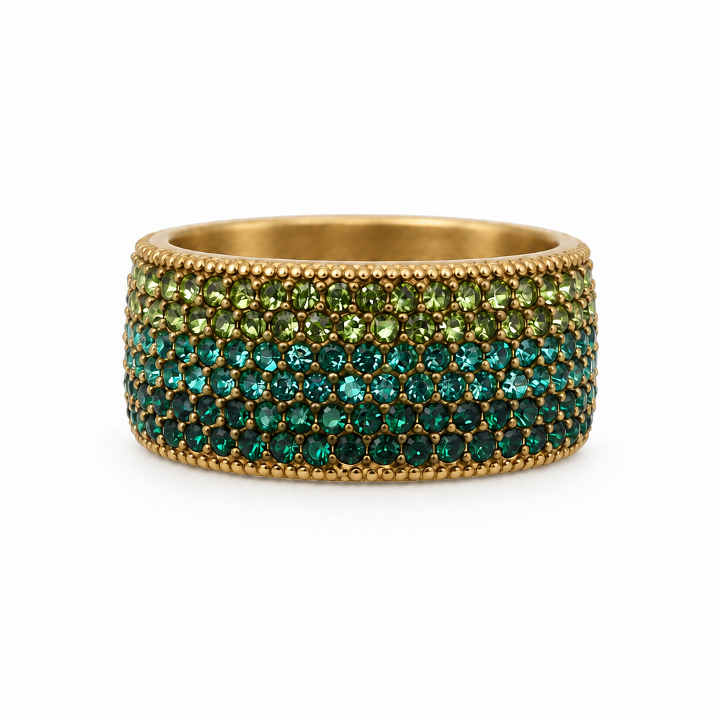 Bague jonc pavée réglable vert, vue de face