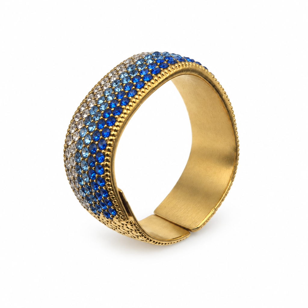 Bague jonc pavée réglable bleu, vue de côté