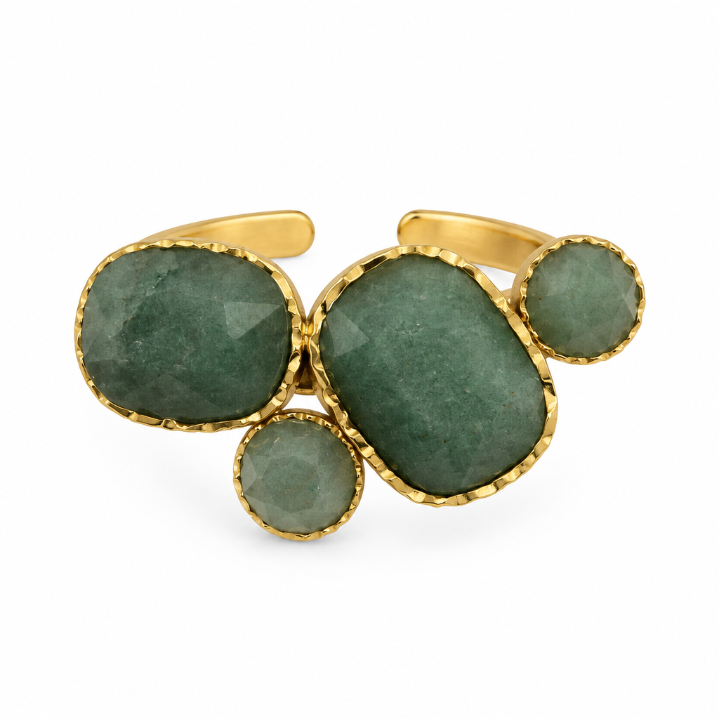 Bague réglable quatre pierres facettées vert sauge, vue de face
