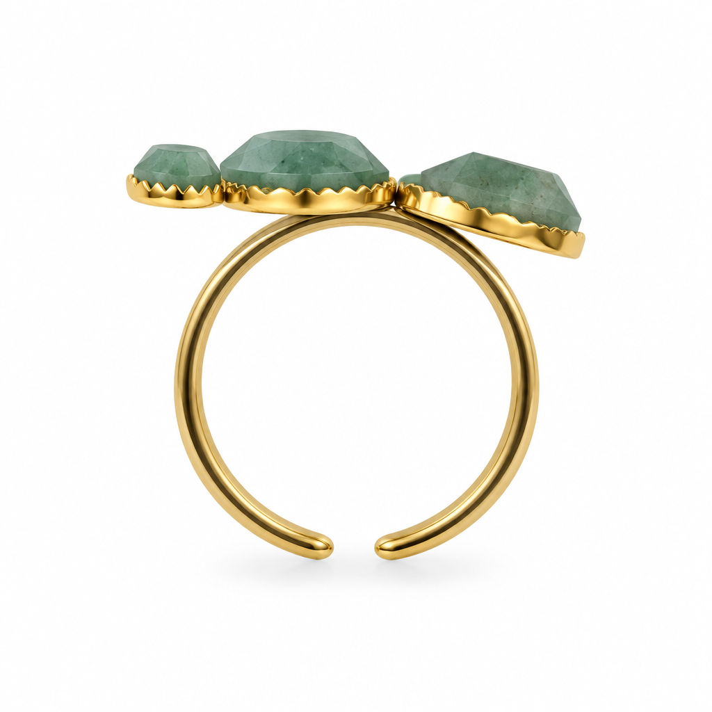 Bague réglable quatre pierres facettées vert sauge, anneau ouvert