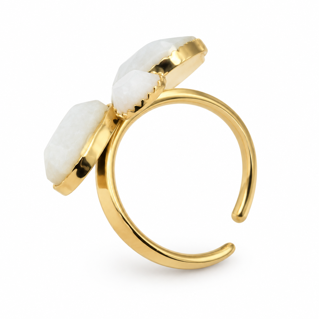 Bague réglable quatre pierres facettées blanc, vue de côté anneau ouvert