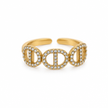 Bague trois maillons pavés réglable dorée, vue de face