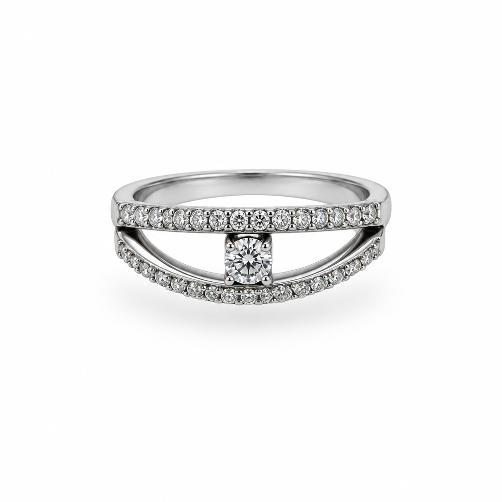 Bague double rang pavé avec pierre centrale argentée, vue de face