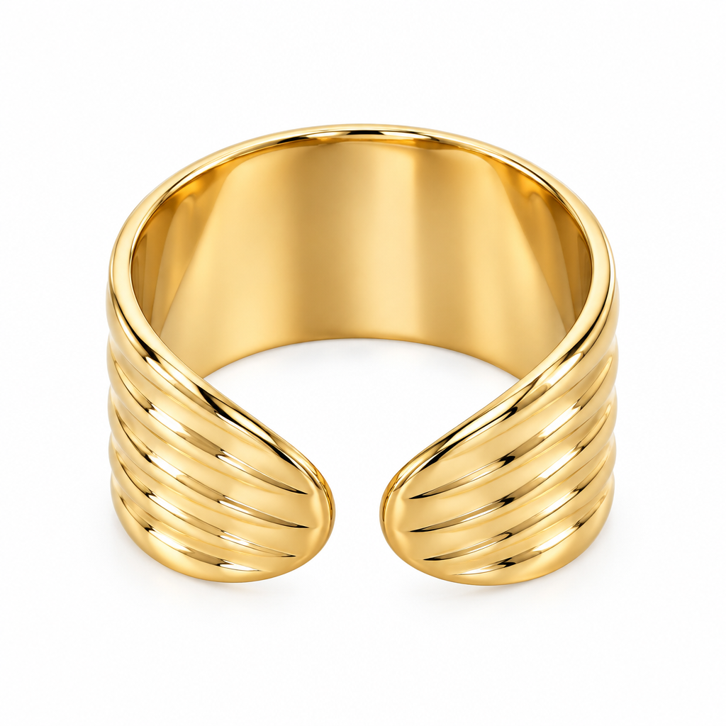 Bague large nervurée dorée, anneau ouvert