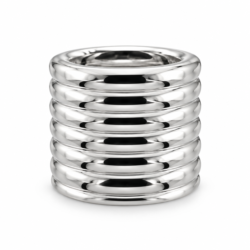 Bague large nervurée argentée, vue de face