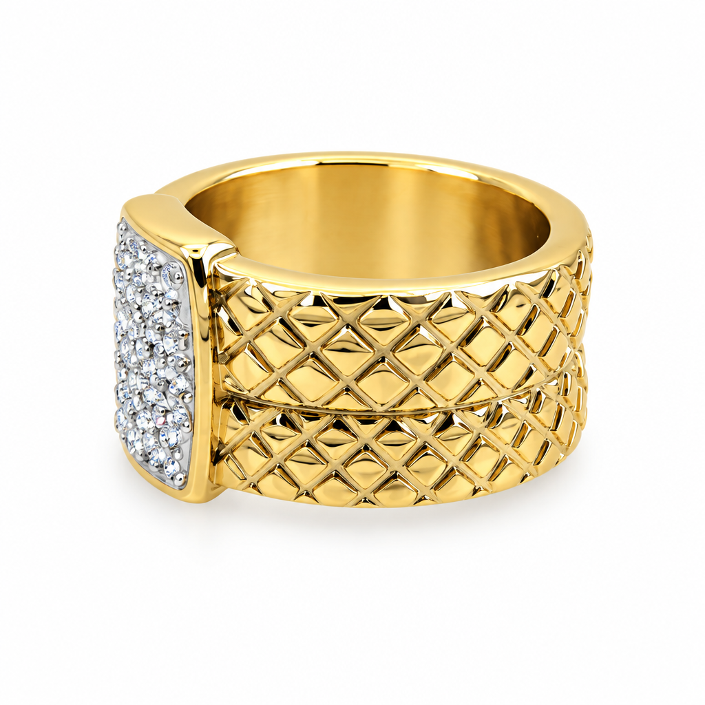 Bague matelassée pavée dorée, vue de côté