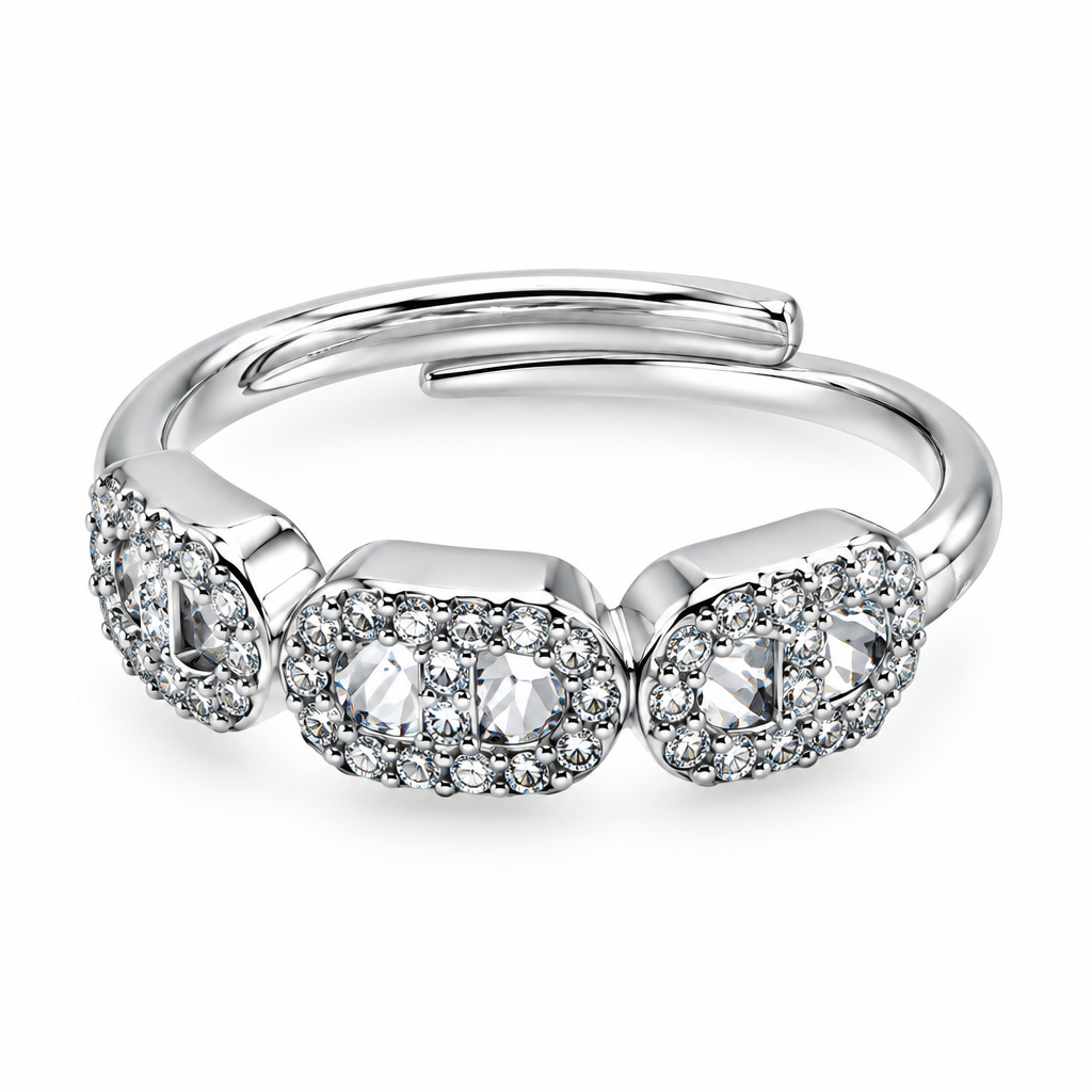 Bague trois maillons pavés argentée réglable, vue de face