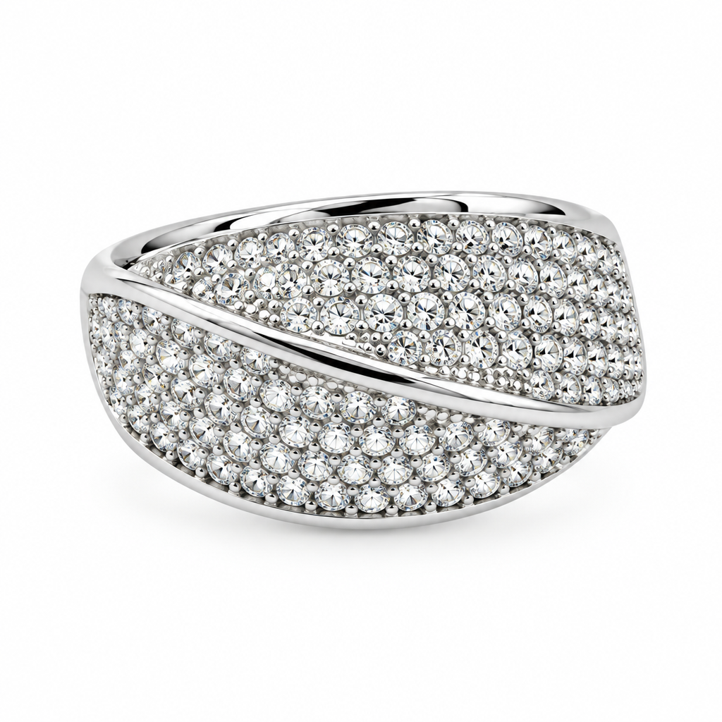 Bague dôme pavé vague argentée, vue de face