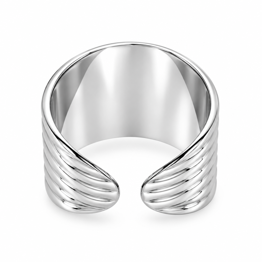 Bague large nervurée argentée, anneau ouvert