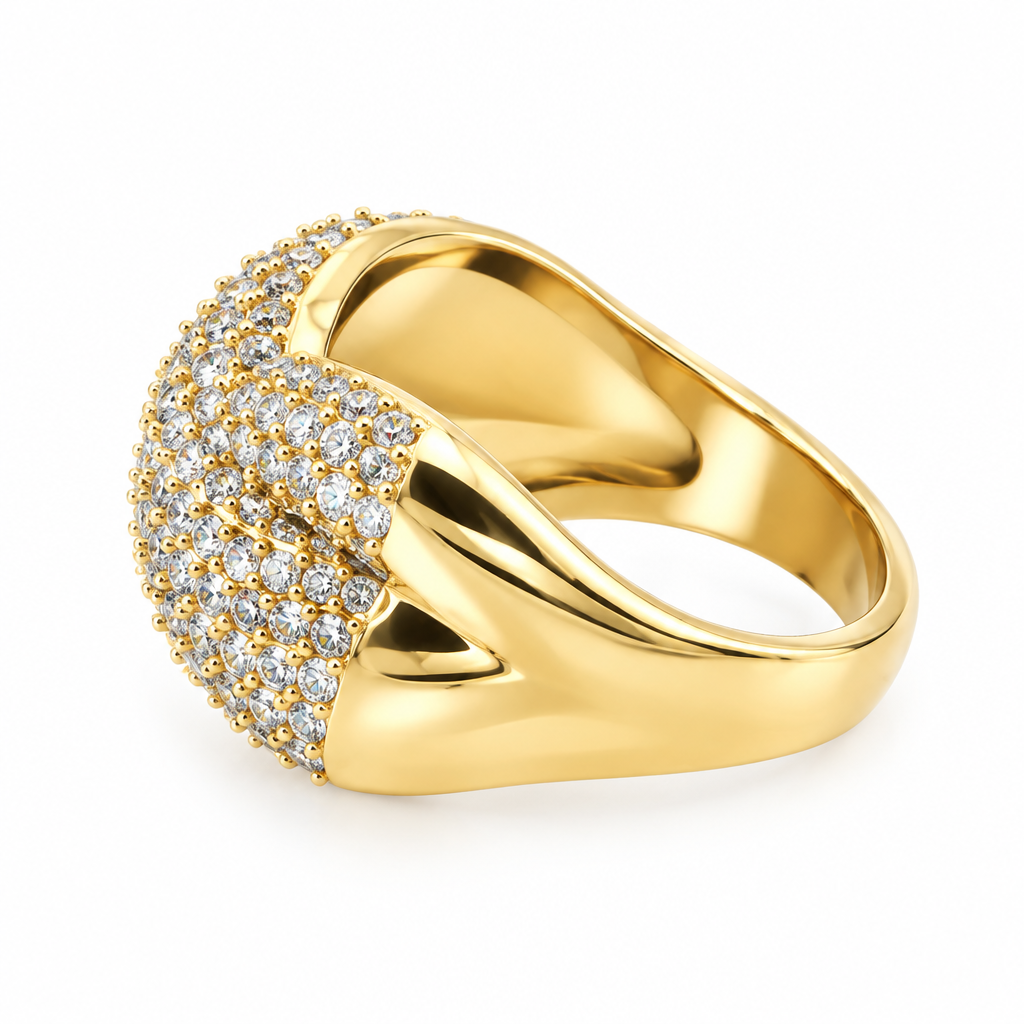 Bague croisée pavée dorée, vue de côté