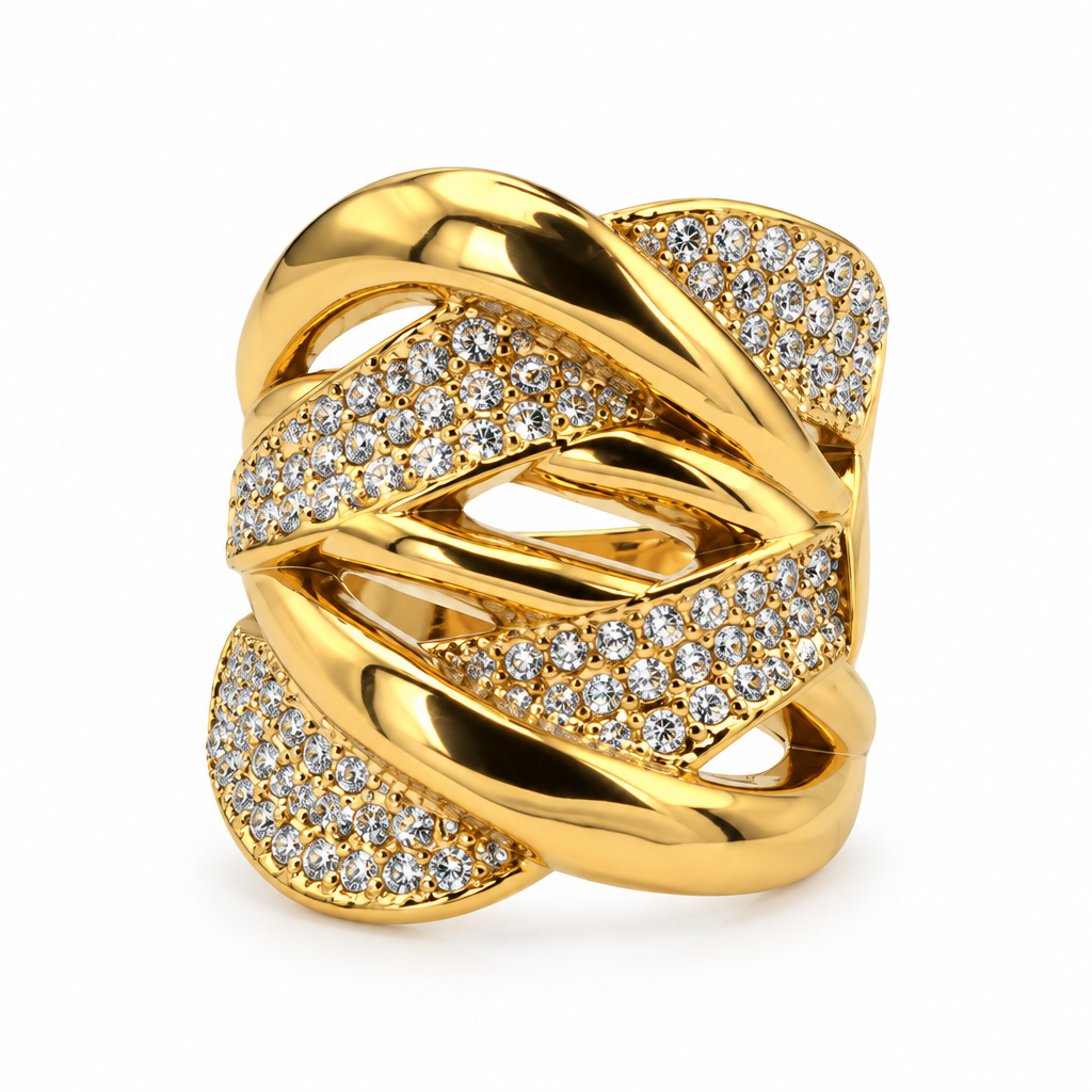 Bague tressée pavée dorée, vue de face