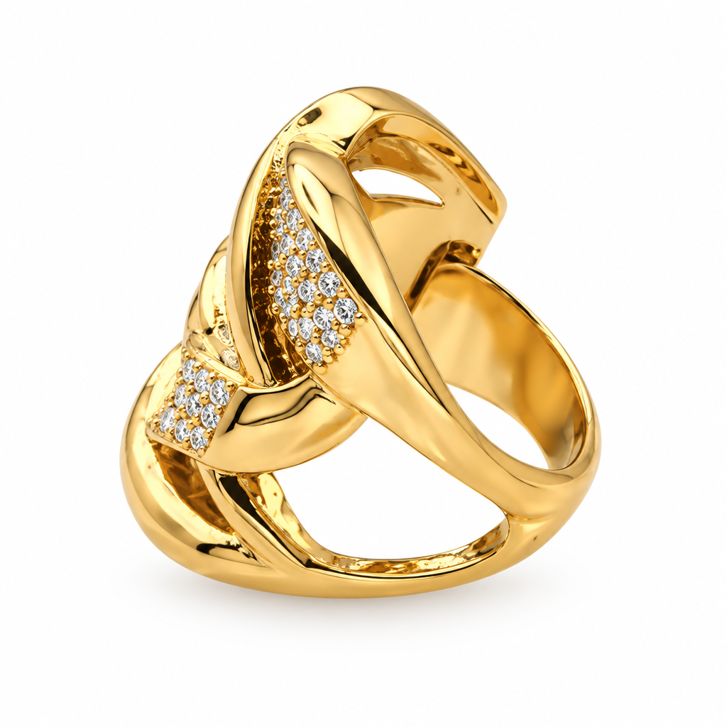 Bague tressée pavée dorée, vue de côté