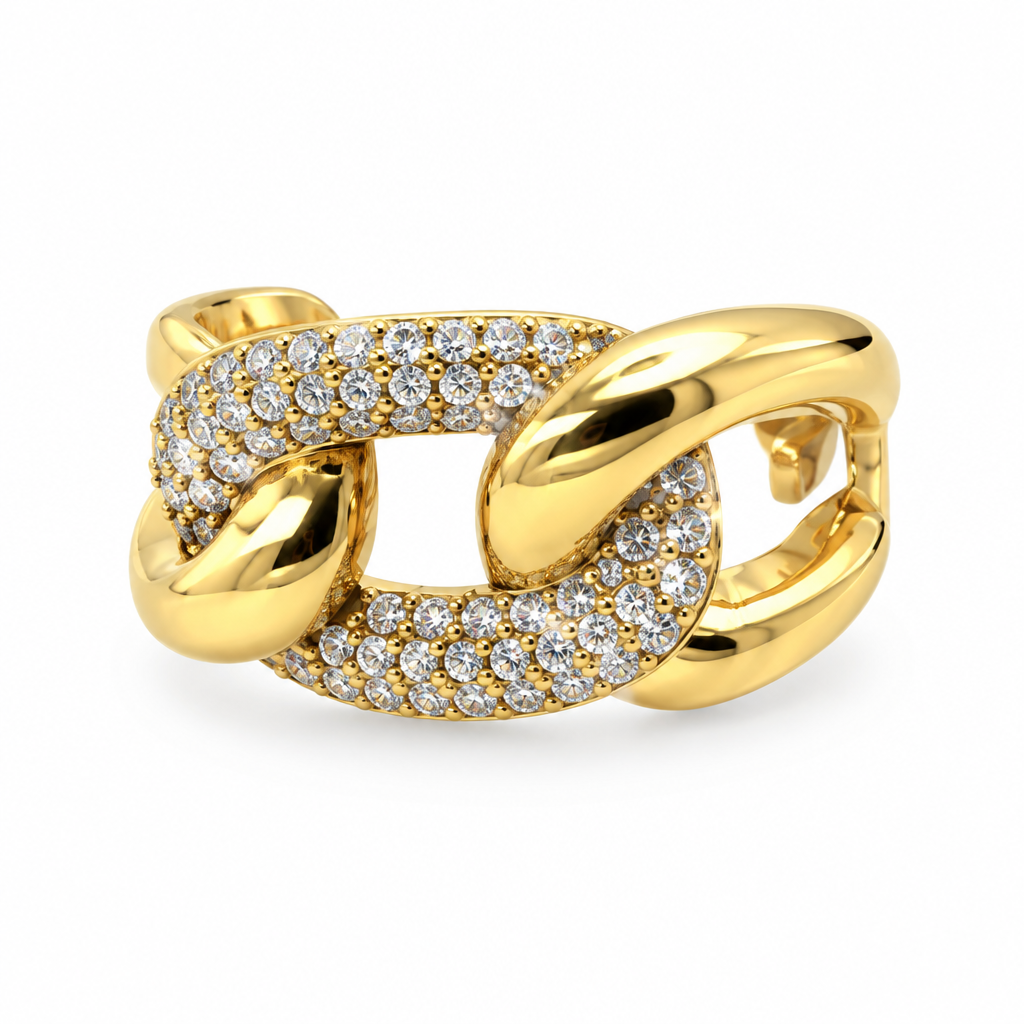 Bague gourmette pavée dorée, vue de face