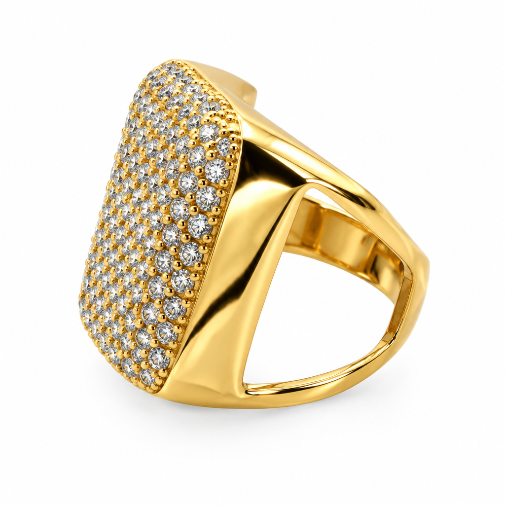 Bague carrée pavée dorée, vue de côté