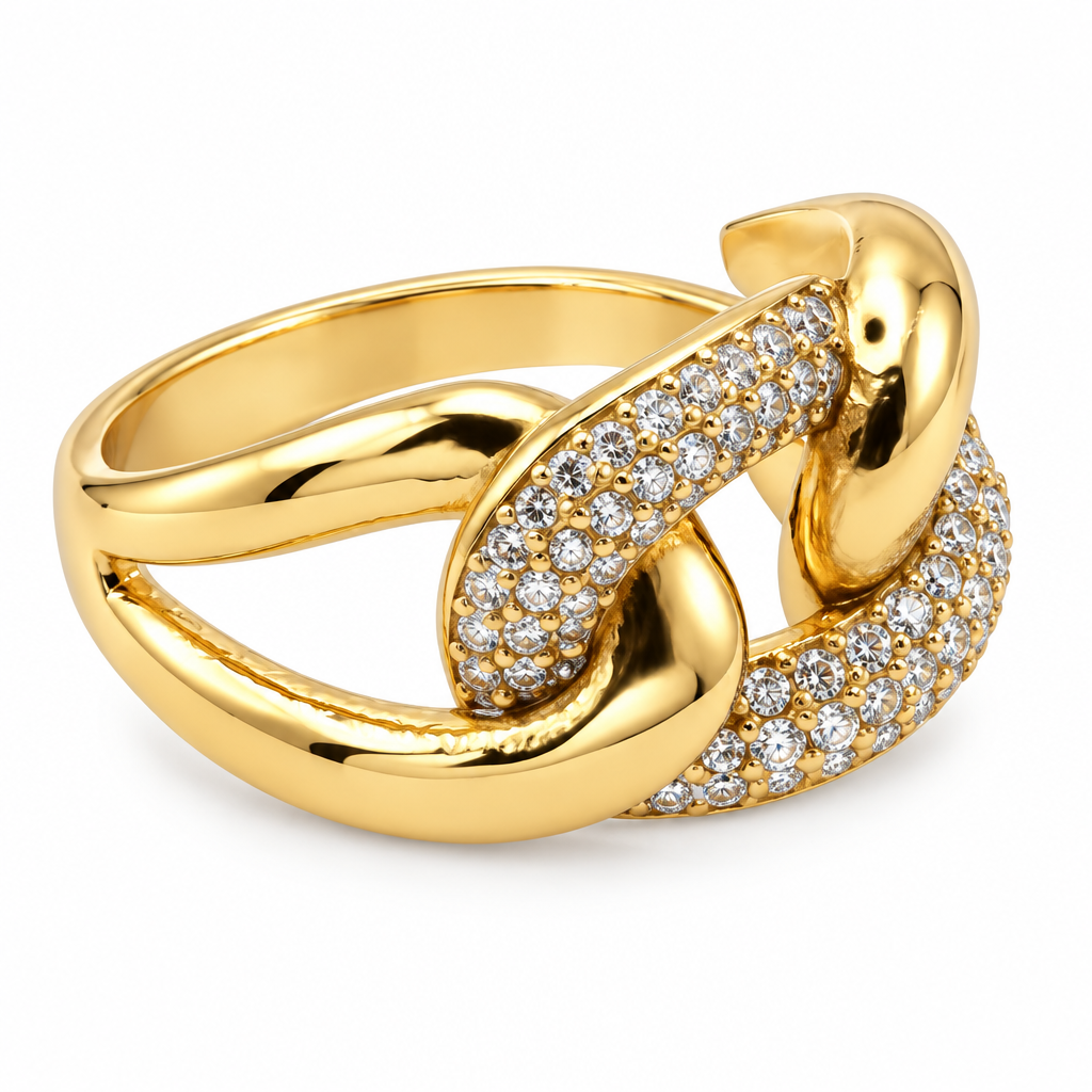 Bague gourmette pavée dorée, vue de côté