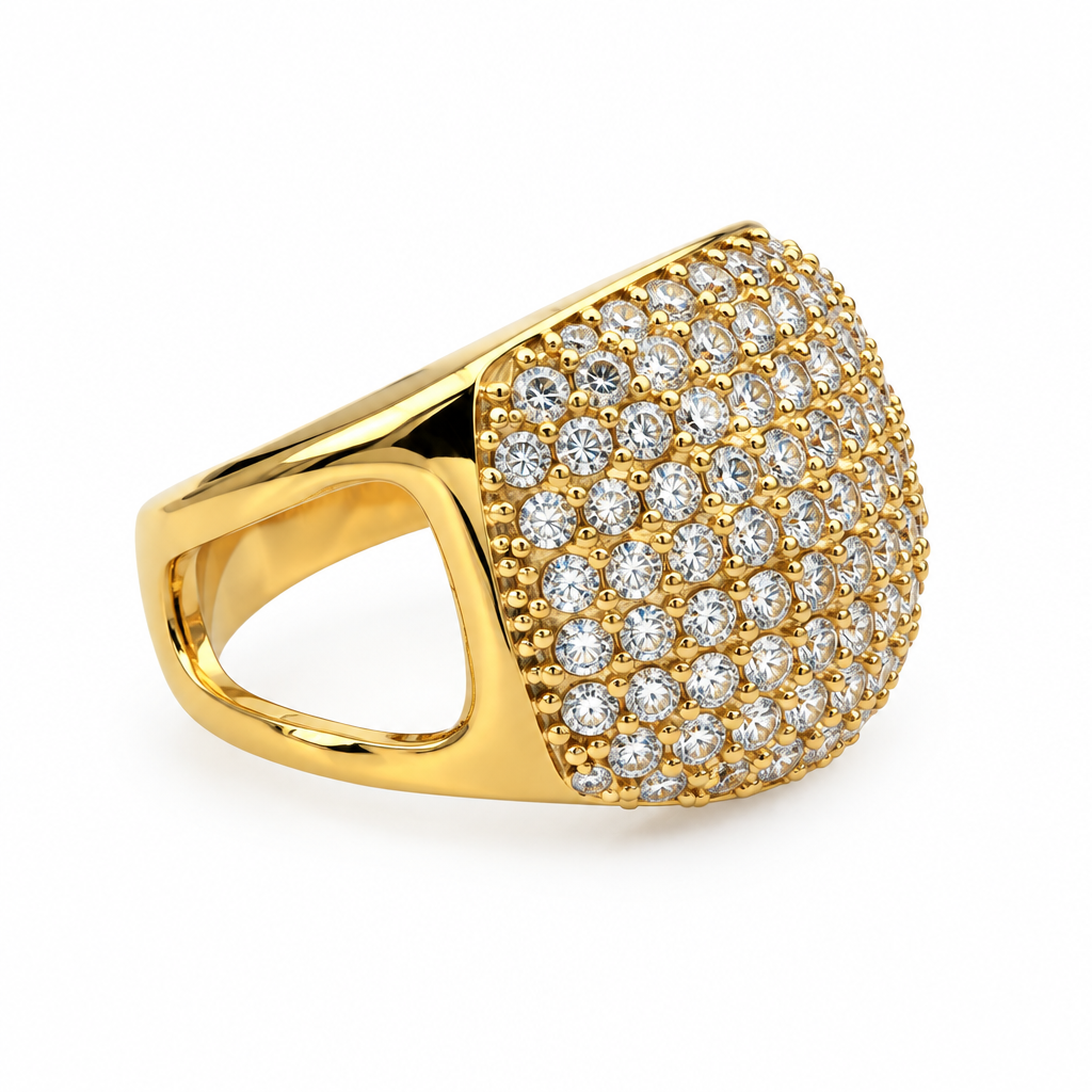 Bague coussin pavée dorée, vue de côté