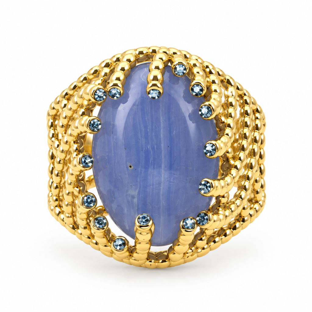 Bague cabochon ovale bleu lavande, vue de face