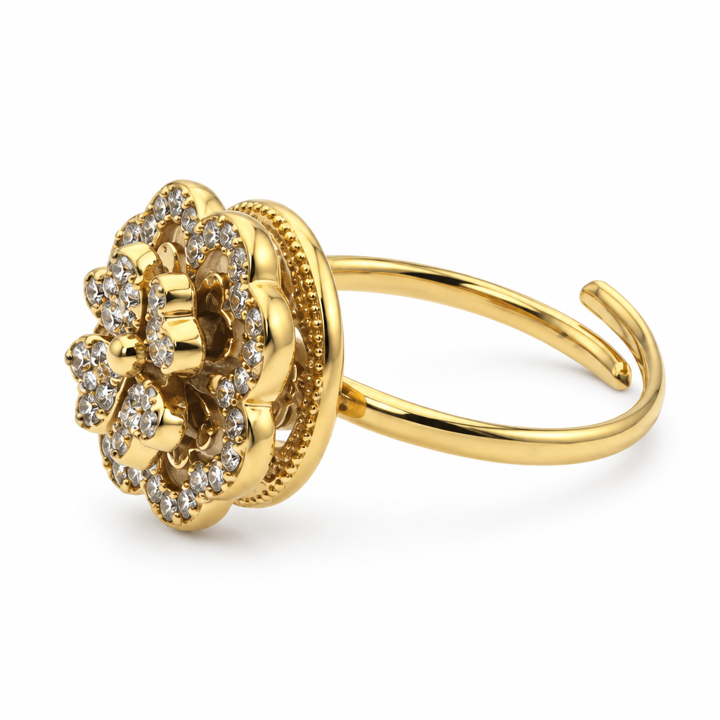 Bague trèfle pavé double, vue de côté, dorée