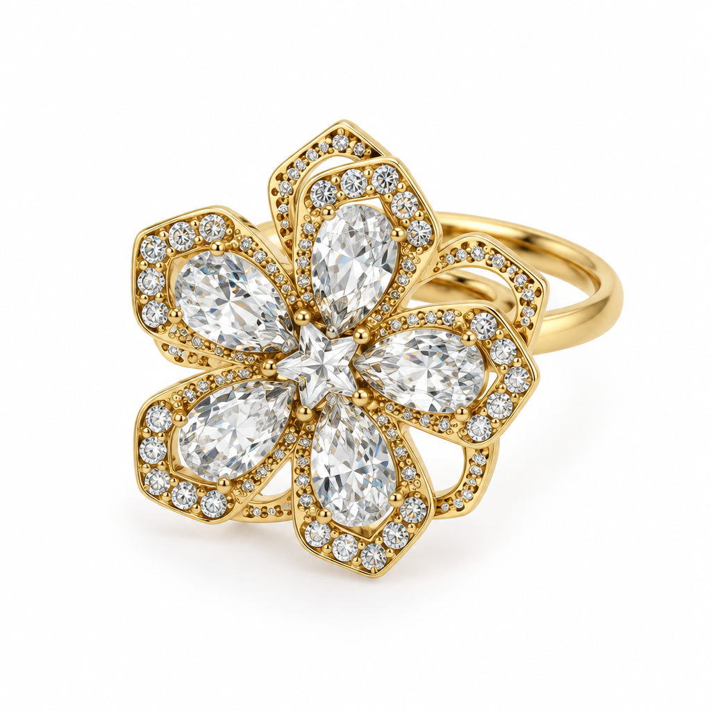 Bague fleur cinq pétales cœur étoile réglable, dorée