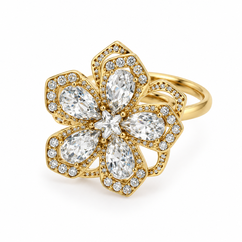 Bague fleur cinq pétales cœur étoile réglable, dorée
