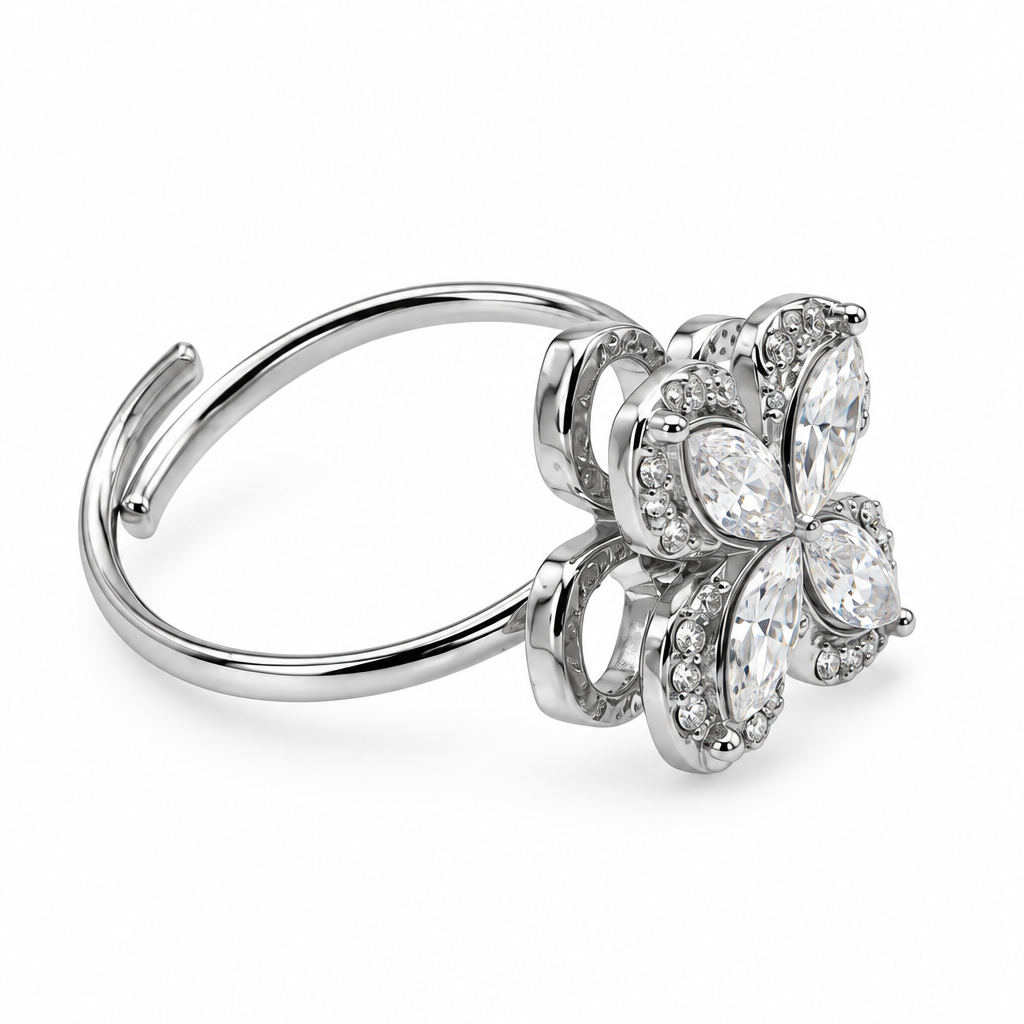 Bague fleur quatre pierres navette, vue de côté, argentée