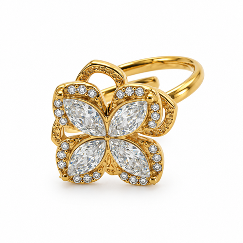 Bague fleur quatre pierres navette réglable, dorée