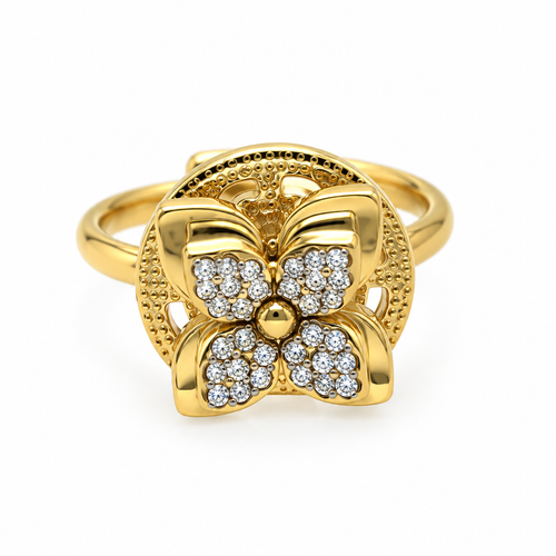 Bague fleur pavée sur médaillon réglable, dorée