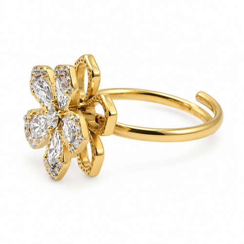 Bague fleur cinq pétales cœur étoile, vue de côté, dorée