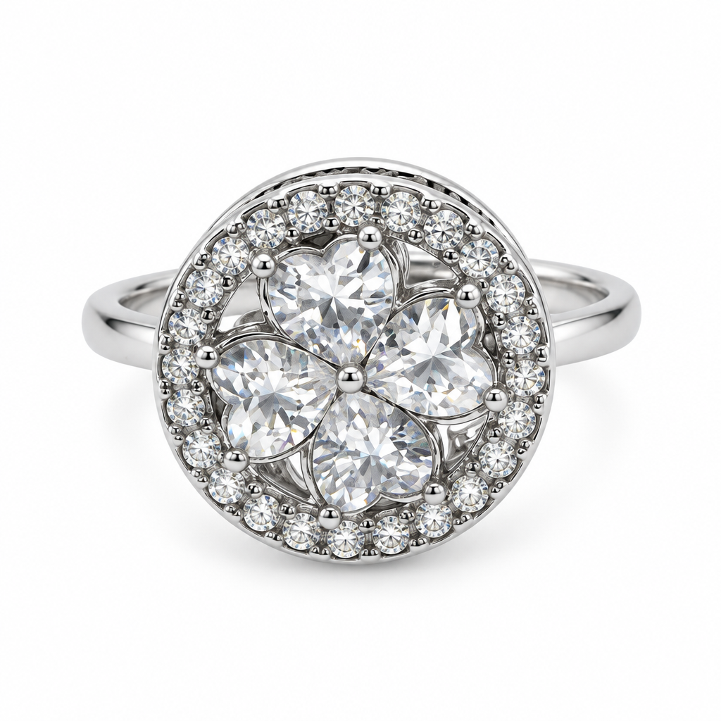 Bague ronde pavée fleur de pierres réglable, argentée
