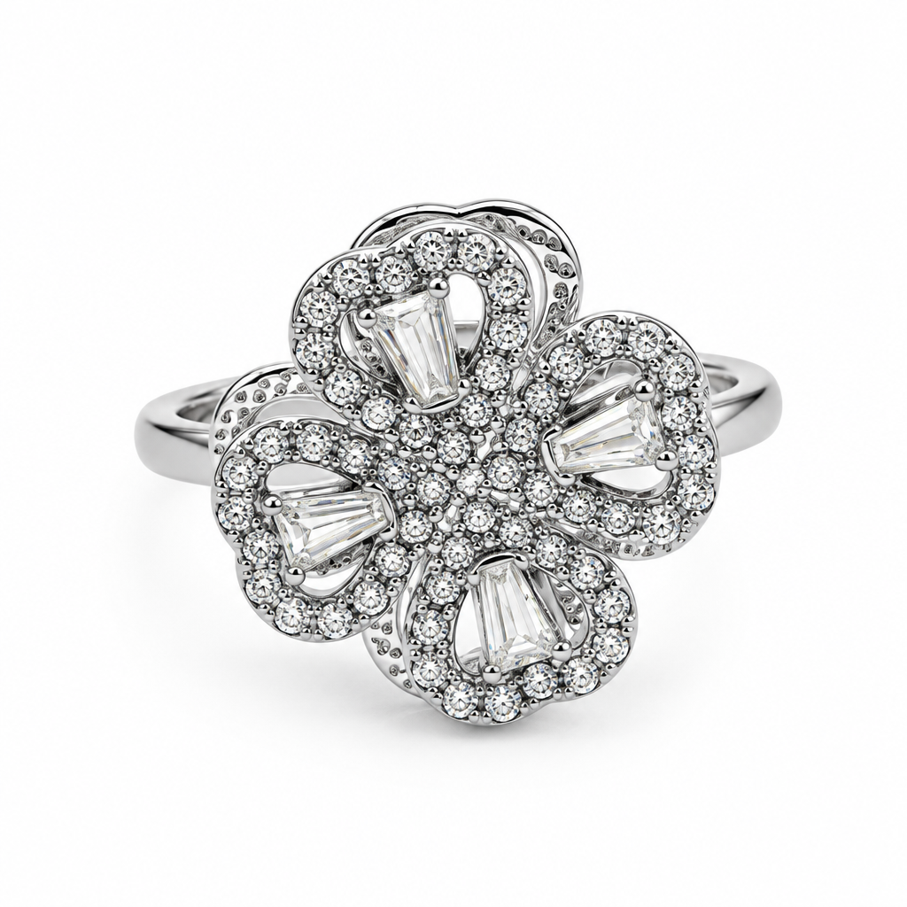 Bague trèfle baguettes pavé réglable, argentée