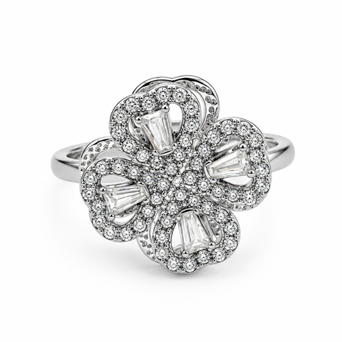 Bague trèfle baguettes pavé réglable, argentée