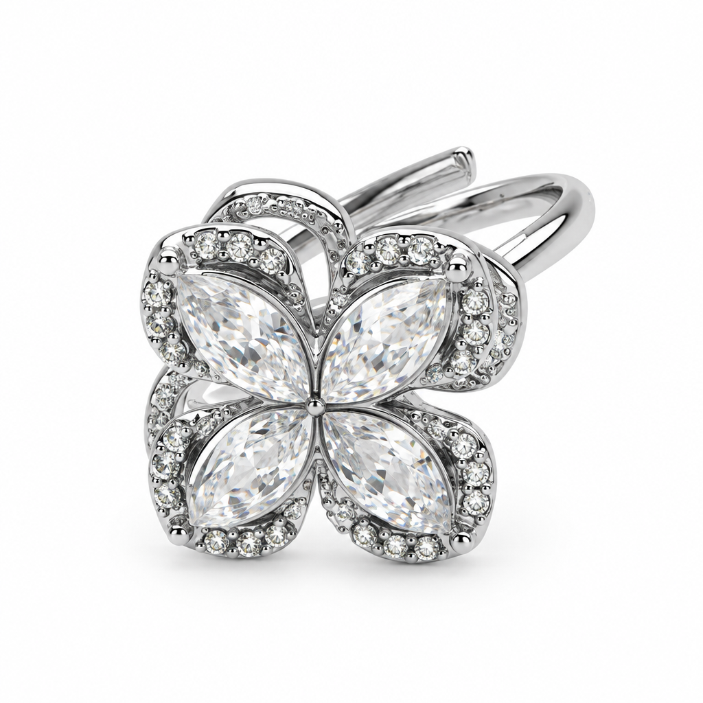 Bague fleur quatre pierres navette réglable, argentée