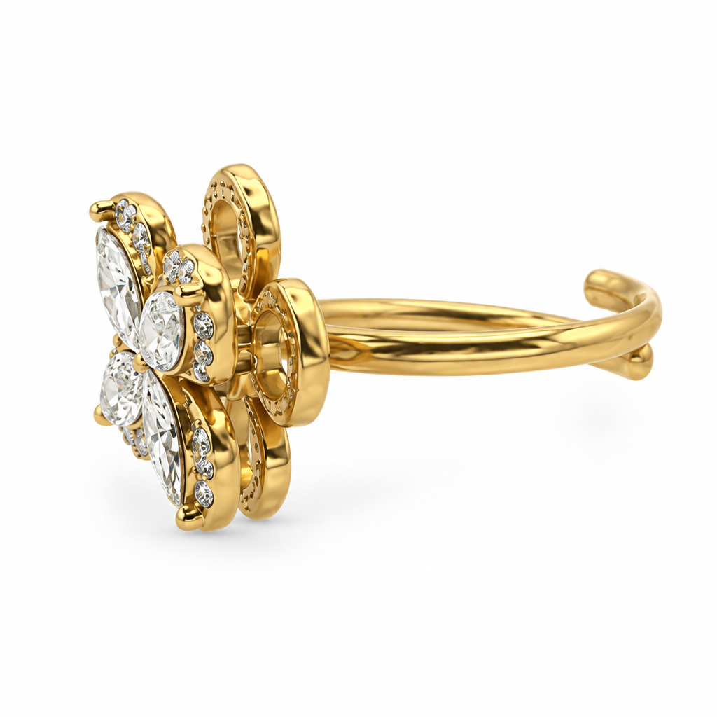 Bague fleur quatre pierres navette, vue de côté, dorée