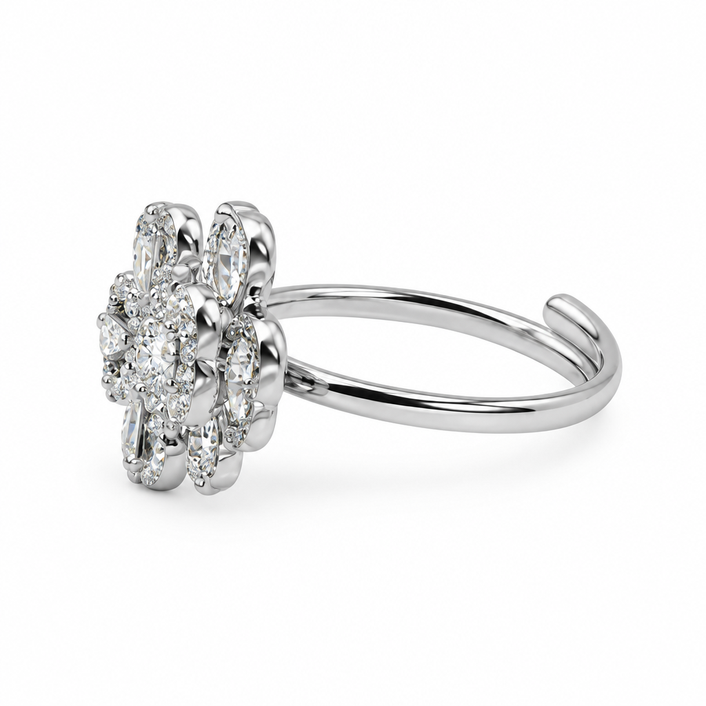 Bague trèfle baguettes pavé, vue de côté, argentée