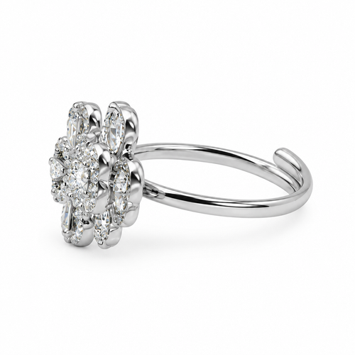 Bague trèfle baguettes pavé, vue de côté, argentée