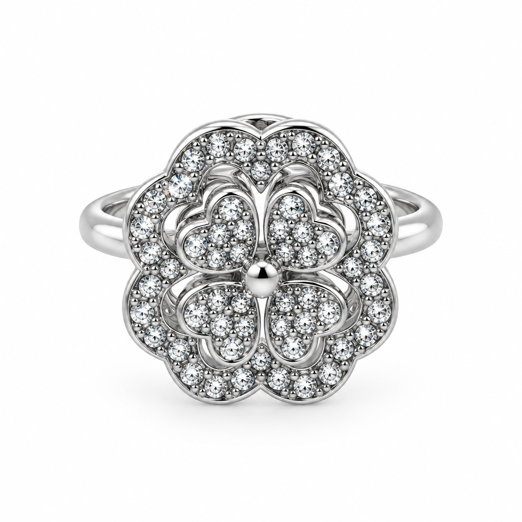 Bague trèfle pavé double réglable, argentée