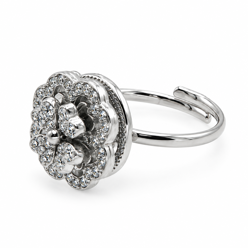 Bague trèfle pavé double, vue de côté, argentée