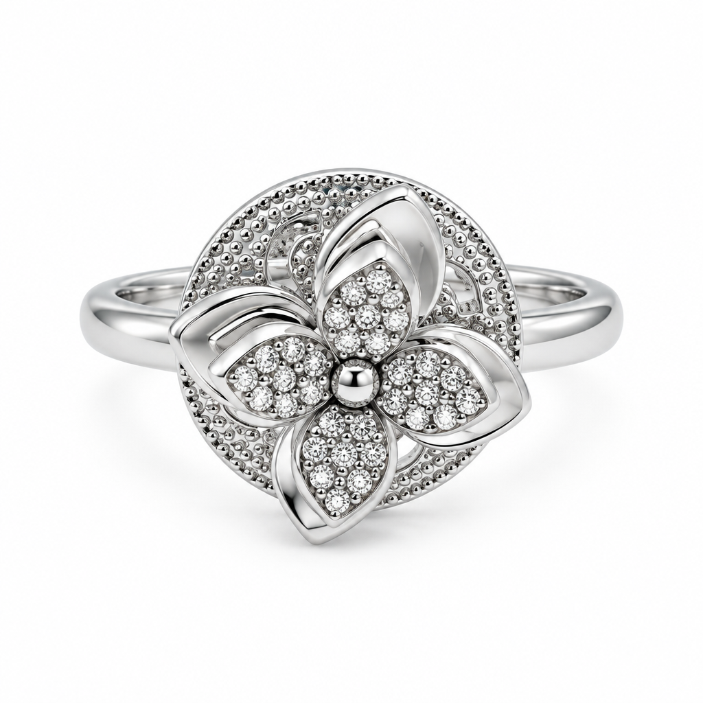 Bague fleur pavée sur médaillon réglable, argentée