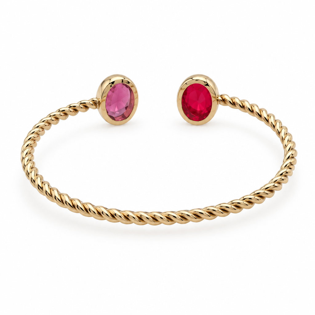 Jonc torsadé deux pierres doré, rouge et rose, vue de dos